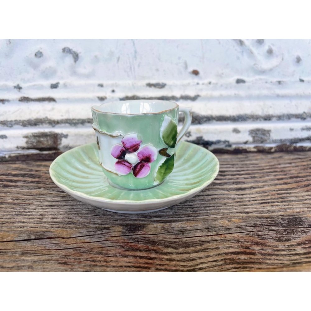 Antique German Porcelain Forget me not Demitasse Cup and Saucer